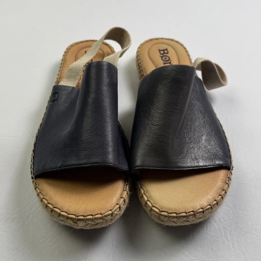 Born Drilles Navy Blue Leather Espadrille Slingback Sandals Womens 9M BR0005434